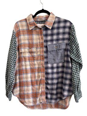 American Eagle Patchwork Plaid Button-Up Shirt Long Sleeve Womens Size S Multico